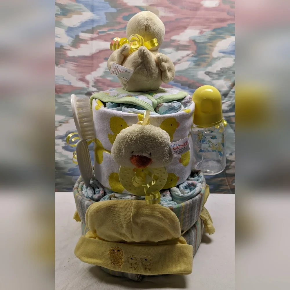 Neutral Two-tier Duck Diaper Cake, Baby Shower Gift, Centerpiece